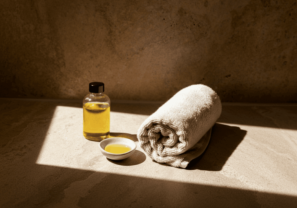 Aesthetic image of oil and a towel, a product photography